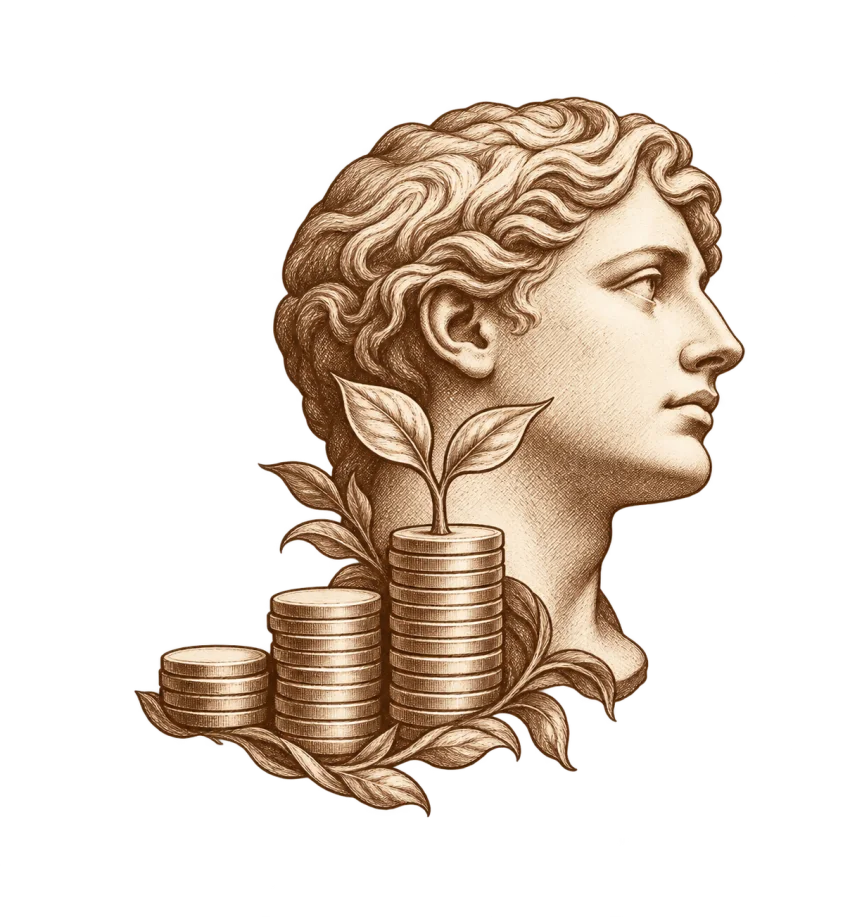 Sepia illustration of a thoughtful bust and growing stacks of coins
